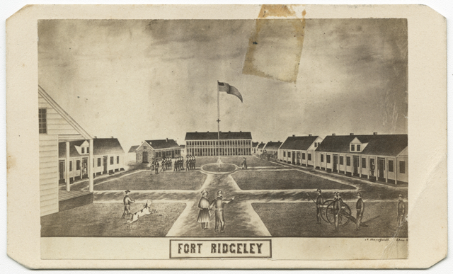 Sketch of a parade ground, facing a flag pole and a building behind it.